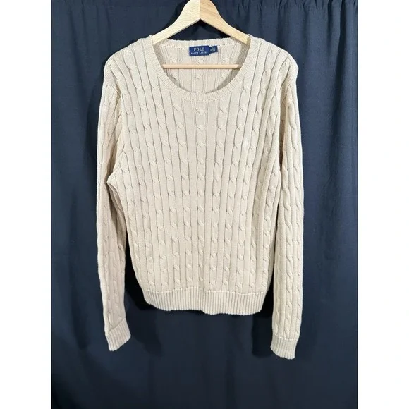 Polo Ralph Lauren Cable Knit Crew Neck Sweater 100% Cotton Tan Preppy Mens XL - Picture 1 of 14